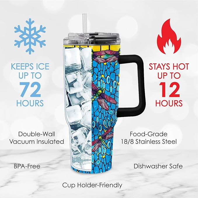 RainCaper 18/8 Stainless Steel Insulated Water Tumbler with Straw | 30oz, BPA-Free, Double Wall for Hot & Cold | Travel-Friendly, Cup Holder Ready (Tiffany Dragonfly - Purple)