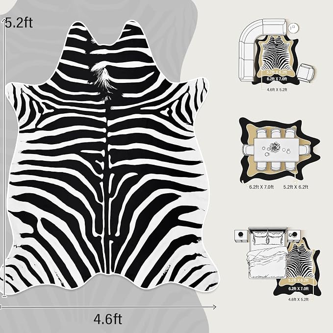 Faux Zebra Rug, Zebra Print Rug Animal Hide Rugs, 4.6 x 5.2 Ft Black | Premium - Image 2