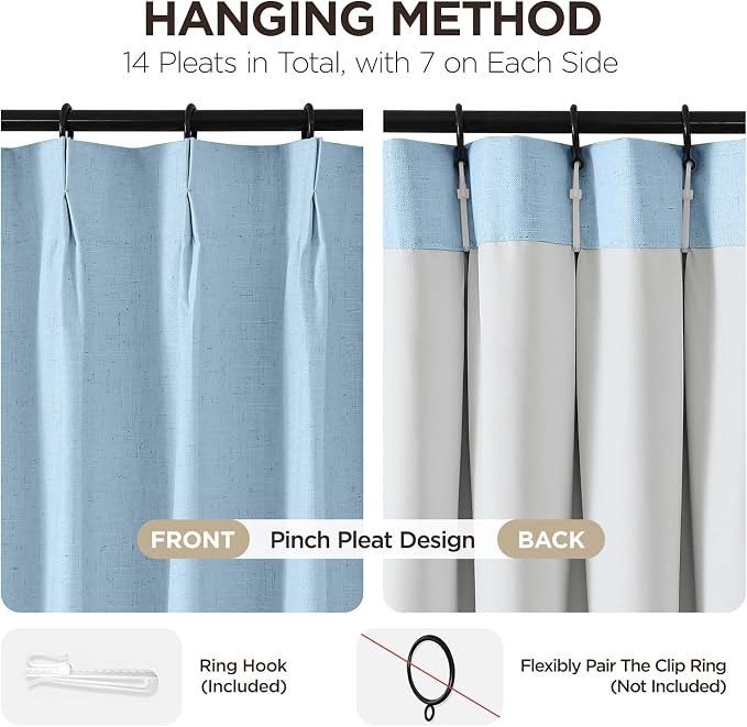Joydeco 100% Blackout Pleated Curtains, Linen Window Curtains 2 Panel Sets 108 - Image 3
