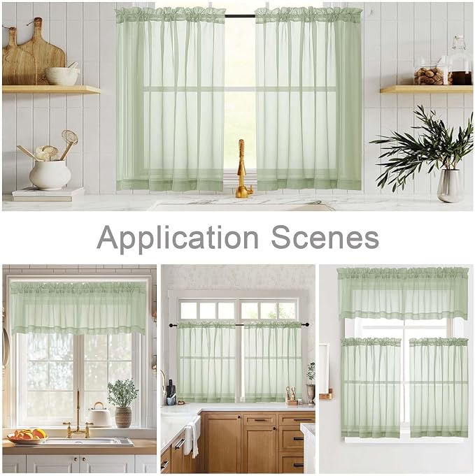 Light Green Kitchen Curtains 30 Inch Length Tier 2 PCS, Solid Soft Airy Half - Image 6