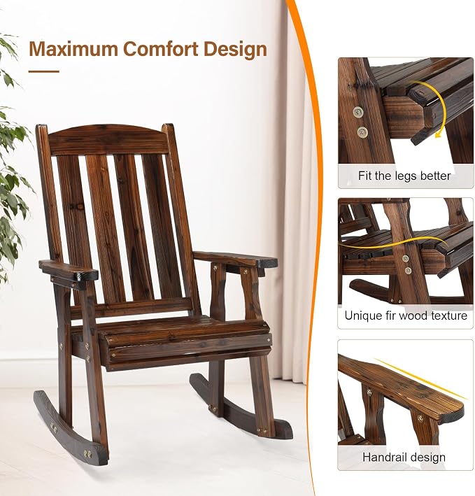 VINGLI Heavy Duty 600 LBS Outdoor Wooden Rocking Chair - Image 6