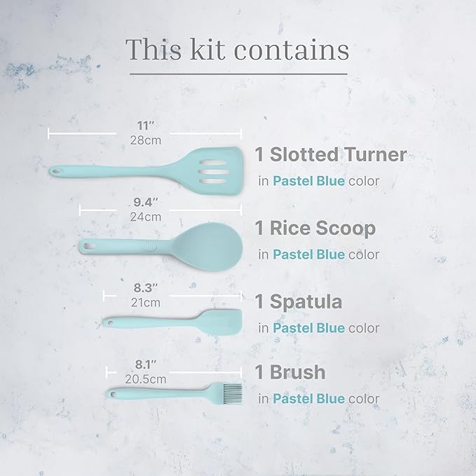 Silicone Utensils 4-Piece Set – Rubber Spatula, Pastry Brush, Slotted Turner, and Rice Paddle – Complete Heat-Resistant Set for Non-Stick Cookware – Kitchen Tools for Cooking and Baking – Pastel Blue