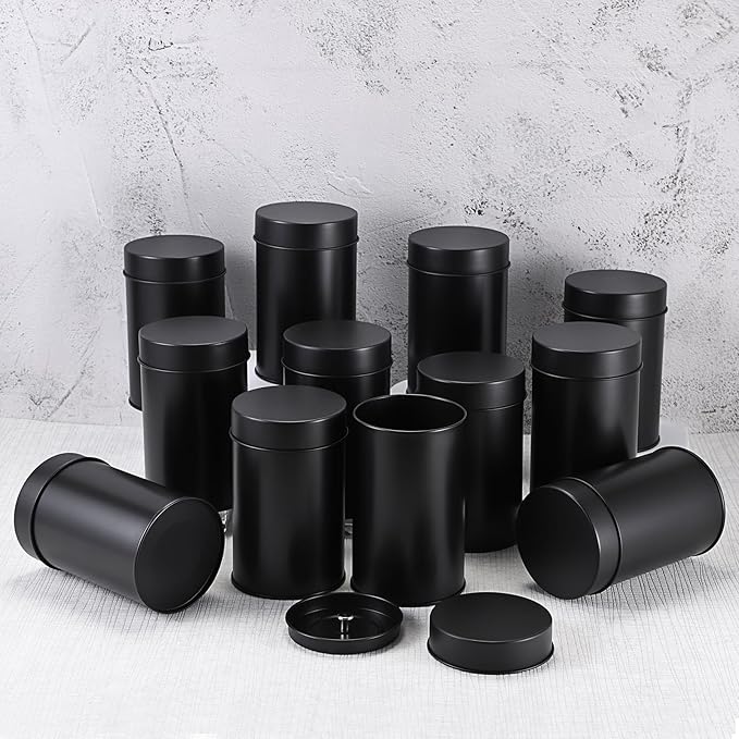 JUXYES 12 Pack Tea Tins Canister with Airtight Double Lids, 16 oz Loose Leaf Tea Storage Airtight Kitchen Canisters Tins Can Box for Storage Loose Tea Coffee Herbs and Spices, Black