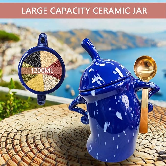 Canister With Attitude - 1.2L Ceramic Storage Jar with Lid, Airtight Kitchen Canisters Set for Coffee, Sugar & Tea | Farmhouse Flour Sugar Storage Container, Handmade with Spoon Rest (Red)