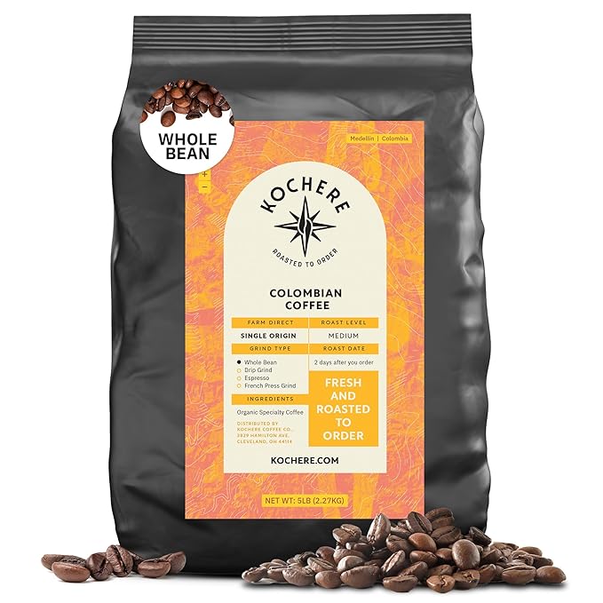 Colombian Medellín Coffee Beans - Single Origin Medium Roast Coffee Beans, Freshly Roasted To Order Organic Whole Bean Coffee, Specialty Grade, Fair Trade and Non-GMO, Chocolate & Berry Notes - 5LB