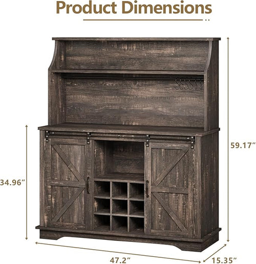 47 Inch Farmhouse Coffee Bar Cabinet with 3-Tier Storage, Kitchen Hutch with 9 Wine Racks & 3 Glass Holders, Coffee Bar with 6 Hooks, Wine Bar Cabinet for Dining Living Room, Rustic Oak