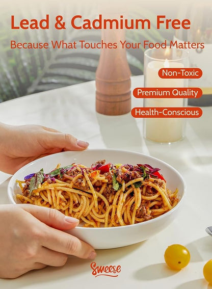 Sweese 22oz Porcelain Pasta Bowls Set of 6-7.6 Inch White Salad Serving Plates, Microwave Dishwasher Safe Dinnerware