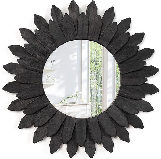 Emfogo Wall Mirror 12 inch Rustic Wood Sunburst Boho Mirror Farmhouse Wall by Emfogo
