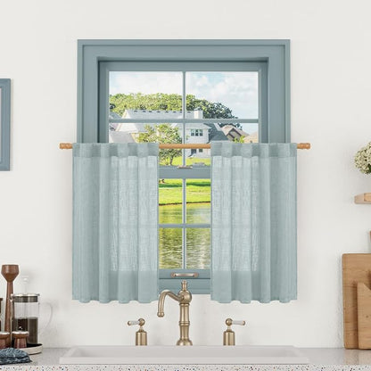Greyish Blue Linen Short Curtains 30 Inch Length by LAMIT