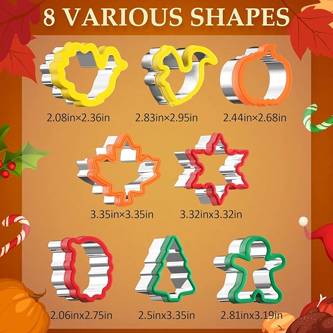 Fall Thanksgiving Cookie cutters Set 8 Pieces, Holiday Christmas Cookie Cutters Pumpkin Leaf Baking Cutters Shapes for Kids with Comfort Grip, Gingerbread Man, Turkey, Squirrel, Xmas Tree, Santa, etc