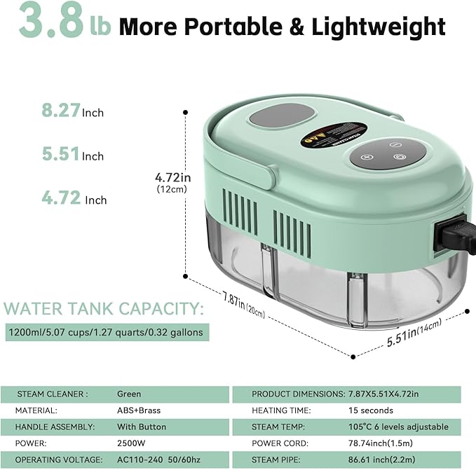 Steam Cleaner, Handheld 2500W Pressurized Heating Steamer for Cleaning,Multi-Purpose Steamer for Home Use with Water Tank, Steam Cleaner for Dirt, Grease,Grout,Tile, Floor,Couch,Car,Green