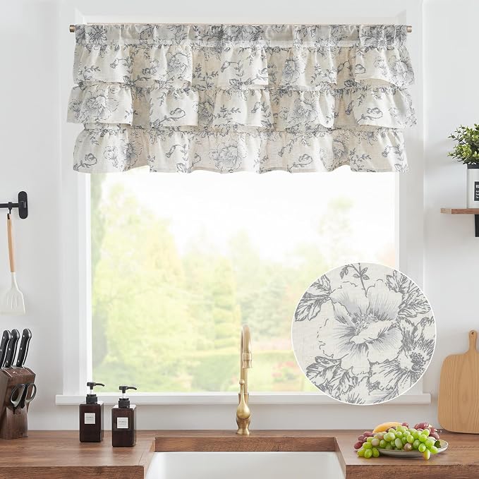 jinchan Ruffled Floral Valance Gray Shabby Chic Small Window Curtain 18 Inch - Image 2