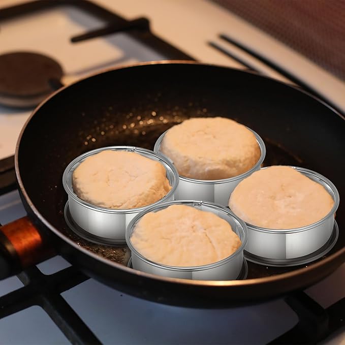 HARFINGTON 8pcs Crumpet Rings 3.15" Nonstick Round Cake Ring Stainless Steel Double Rolled English Pastry Rings for Kitchen Baking Crumpet Dessert, Silver