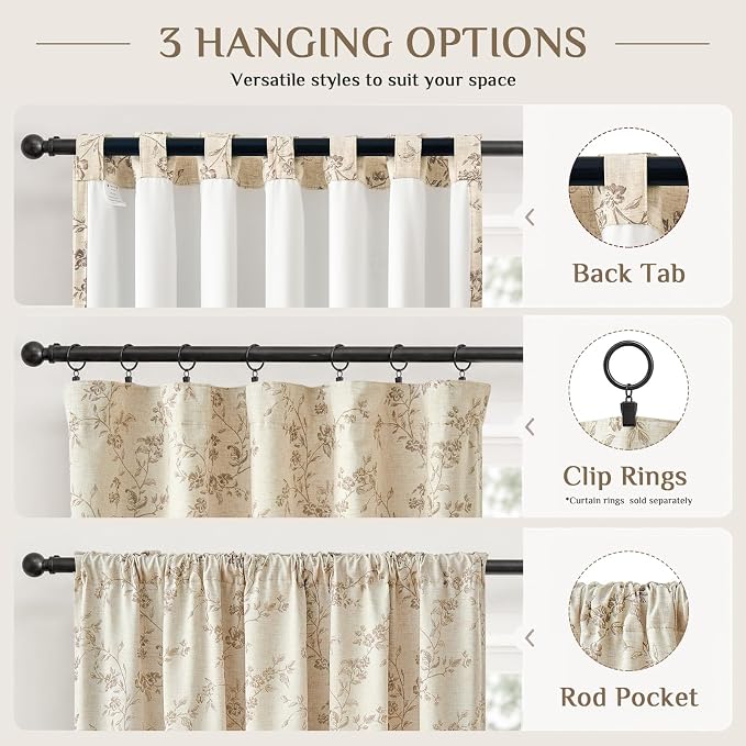 Blackout Vintage Floral Linen Curtains Taupe on Beige 50×63 2 Panels | Elisa - Image 7