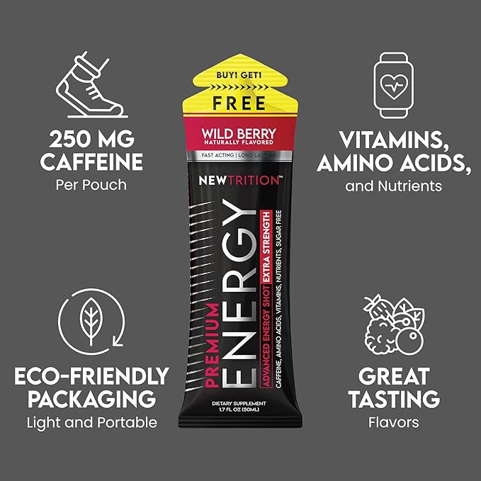NewTrition® Extra Strength Energy Shots, 250mg Caffeine Energy Shots with Vitamin B & Amino Acids, Sugar-Free Vitamin Energy Shot, 1.7 fl oz (Pack of 24, 4 Flavors-Mixed-1)