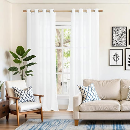 Extra Long White Linen Semi Sheer Curtains 90 Inch Length 2 Panels | Light - Image 2