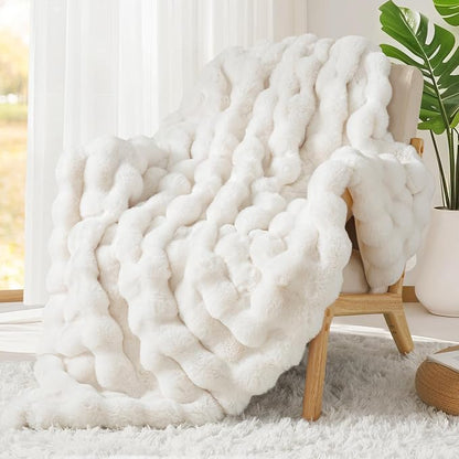 Luxury 1000GSM Rabbit Faux Fur Twin Blanket, Super Heavy Warm Cozy Beige Cream - Image 7