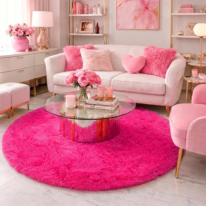 Amdrebio Hot Pink Shaggy Small Round Rug 3Ft - Image 5