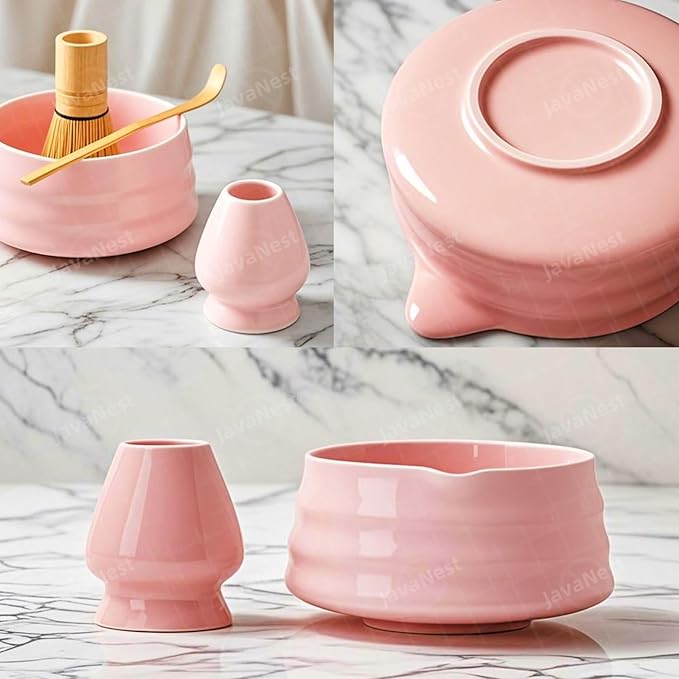 7-Piece Matcha Tea Set with Gift Card – 120-Prong Bamboo Whisk, Ceramic Bowl with Spout, Whisk Holder, Scoop, Spoon, Strainer & Scoop Holder – Ideal Gift for Matcha Lovers (Pink)