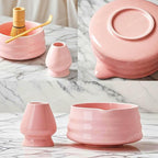 7-Piece Matcha Tea Set with Gift Card – 120-Prong Bamboo Whisk, Ceramic Bowl with Spout, Whisk Holder, Scoop, Spoon, Strainer & Scoop Holder – Ideal Gift for Matcha Lovers (Pink)