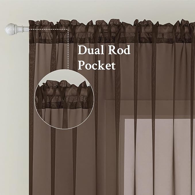 MIULEE Short Chocolate Brown Sheer Curtains 54 X 54 Inches, 2 Panels Set | - Image 2