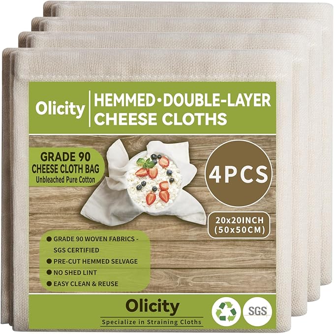 Olicity Cheese Cloths, 4PCS, Double-Layer, 20x20Inch, Reusable Grade 90 Cheese Cloth Bag for Straining, Hemmed Unbleached Cotton Precut Fine Mesh Muslin Cheesecloth for Brew, Jelly, Yogurt