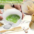 7 Pcs Matcha Whisk Set, Matcha Set with Ceramic Bowl, Bamboo Scoop, Whisk, Whisk Holder, Sifter, Spoon and Scoop Holder, Matcha Kit for Matcha Lover (White)