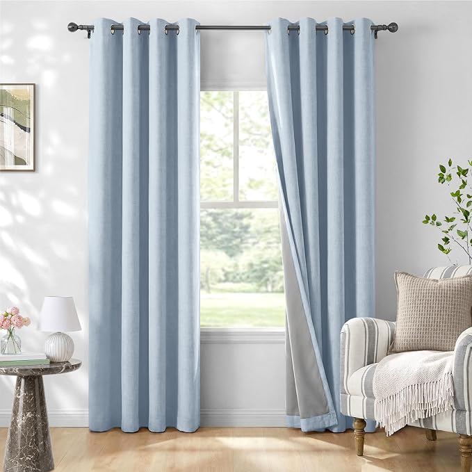 100% Blackout Linen Textured Curtains 84 Inch Long, Chambray Blue | 100% by 100BlackoutShield