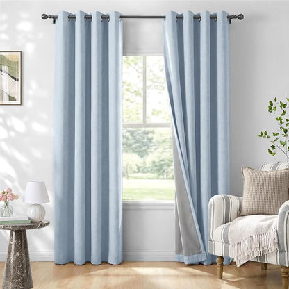 100% Blackout Linen Textured Curtains 84 Inch Long, Chambray Blue | 100% by 100BlackoutShield