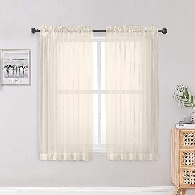 Sheer Curtains, Ivory Sheer Curtains 50 Inch Length 2 Panels Set, Rod Pocket by OWENIE