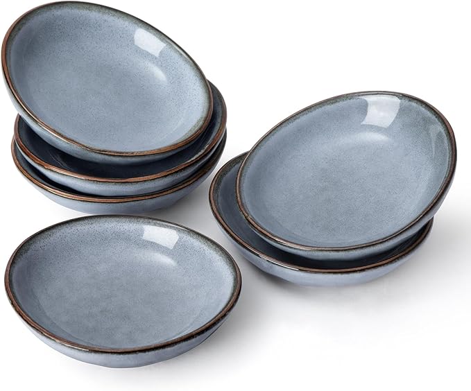 famiware Ocean Soy Sauce Dishes of 6, Oval Dipping Sauce Cups/Bowls/Dishes for Kitchen, 2.1oz Ceramic Small Bowls for Side Dish, Appetizers, Snacks, and Sushi, Reactive Glaze, Dishwasher Safe, Blue