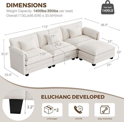 ELUCHANG 113'' Modular Sectional Cloud Couch, Modern Comfy Chenille L Shaped - Image 2