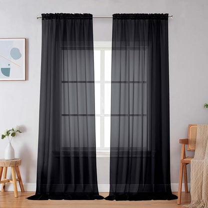 Simplebrand Black Sheer Curtains 96 Inches Long, Light Filtering Rod Pocket by Simplebrand