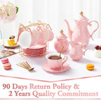 DUJUST 22 pcs Porcelain Tea Set for 6, Luxury British Style Tea/Coffee Cup Set with Golden Trim, Beautiful Tea Set for Women, Tea Party Set, Gift Package (With a Stand) - Pink
