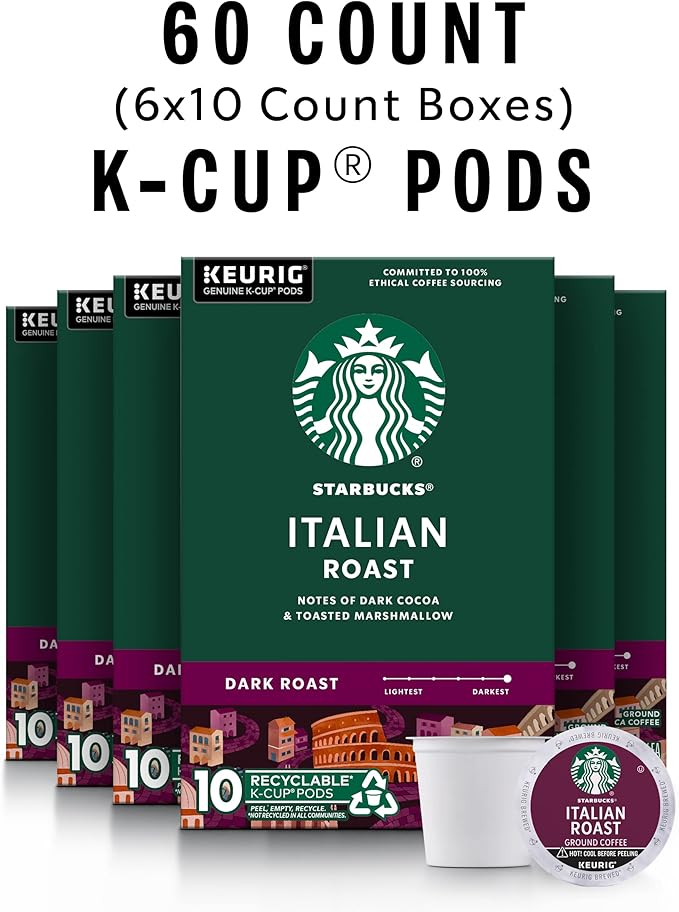 Starbucks K-Cup Coffee Pods, Dark Roast Coffee, Italian Roast for Keurig Brewers, 100% Arabica, 6 boxes (60 pods total)