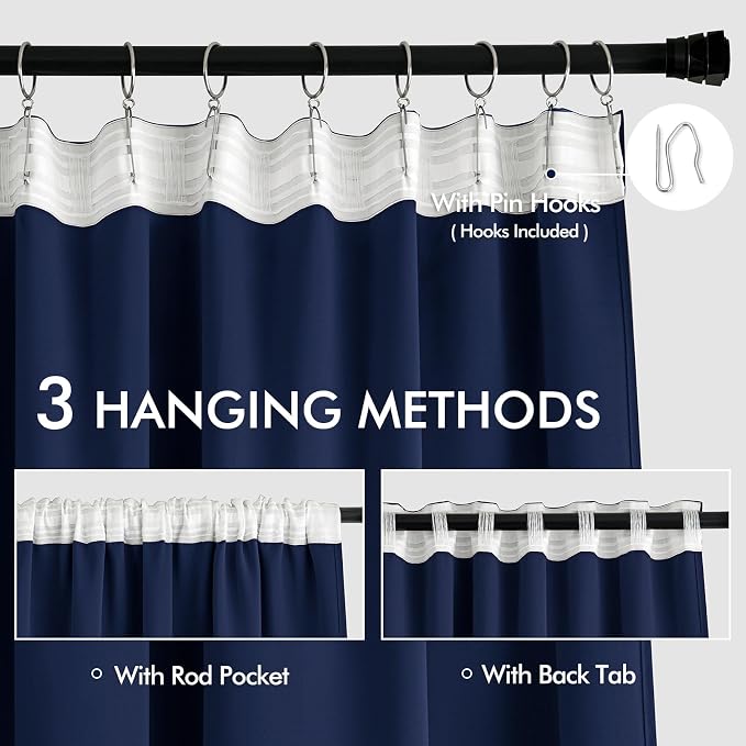 MIULEE Navy Blue Back Tab Blackout Curtains 52x90 Inch Long 2 Panels Set | Rod - Image 3