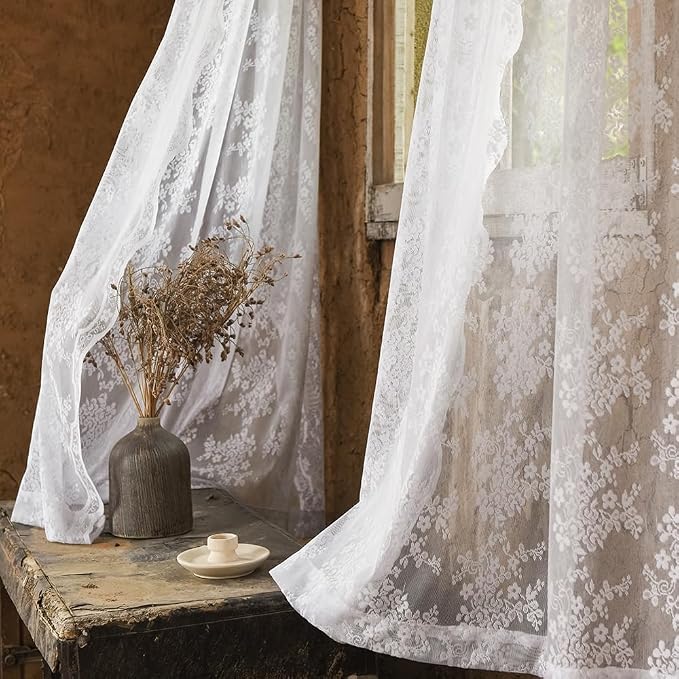 YJ YANJUN Vintage Lace Curtains 90 Inches Long- Elegant Floral White Sheer by YJYANJUN