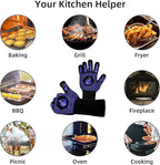 BBQ Fireproof Gloves, Grill Cut-Resistant Gloves 1472°F Heat Resistant Gloves, Non-Slip Silicone Oven Gloves, Kitchen Safe Cooking Gloves for Oven Mitts,Barbecue,Cooking, Frying,13.5 Inch-Blue