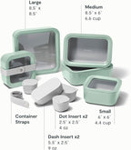 Caraway 14pc Glass Food Storage Container Set - Easy to Store, Non Toxic Lunch Box - with Glass Lids - Includes Storage Organizer & Dot & Dash Inserts - Mist