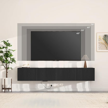 71” Floating TV Stand with LED Lights & Charging Station, Floating Media - Image 7
