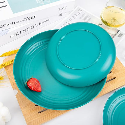 LIYH 48 Pcs Green Wheat Straw Plates and Bowls set - Plastic Dinnerware Set - Dishwasher Safe Camping Plates Dishes Set for 12, Unbreakable Wheat Straw Plate Bowls Reusable 12 Guests