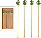 Palm leaf Drink Stirrer Sticks Stainless Steel Coffee Beverage Stirrers，Set of 4 Cocktail Swizzle Stick,7.5", Multicolor
