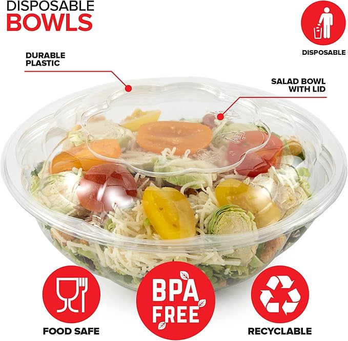 Stock Your Home 24oz Clear Plastic Salad Bowls with Lids Disposable (50 Pack) Small Takeout Container with Snap on Lid for Fruit Salads, Quinoa, Lunch and Meal Prep, Acai Bowl, To-Go Party Containers