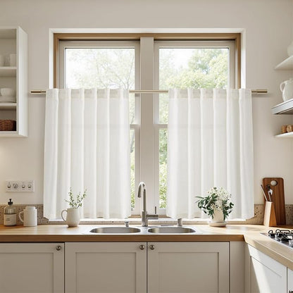 24 Inch Linen Curtains for Kitchen Beige White Small Window Semi Sheer Curtains - Image 8
