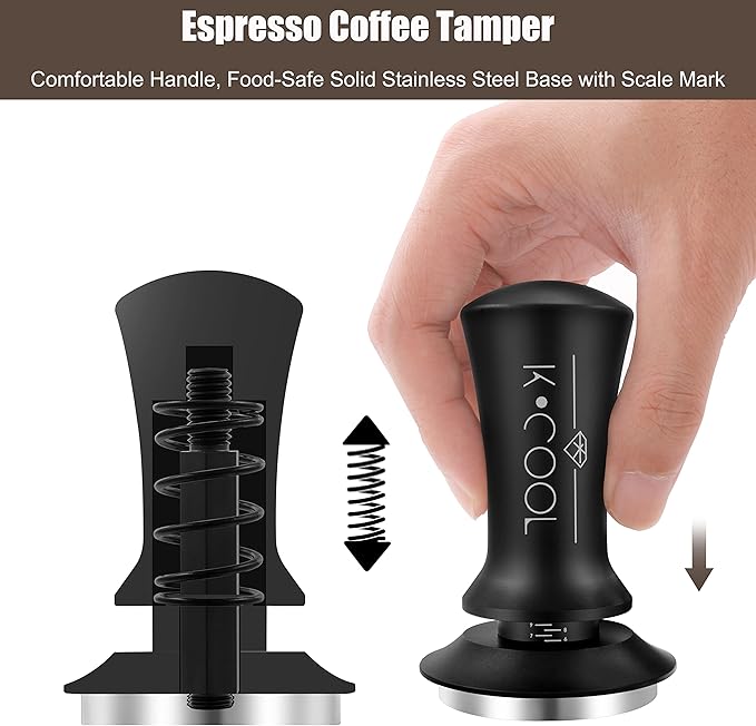 K COOL 58mm Espresso Tamper, Premium Barista Tools Coffee Tamper with Spring Loaded, Stainless Steel Base Tamper Compatible with Espresso Machine Rancilio, Gaggia Bottomless Portafilter (58mm, Black)