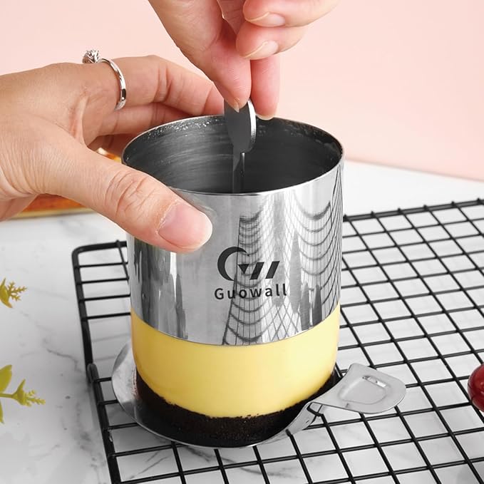 Guowall 1 Pack Seamless Cake Ring Mold Stainless Steel Round Mousse Mould for Baking (Includes 1 Ring, 1 Pusher and 1 Lifter)