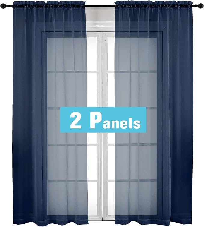Navy Blue Sheer Curtains 2 Panel Sets 84" Inch Length by OVZME