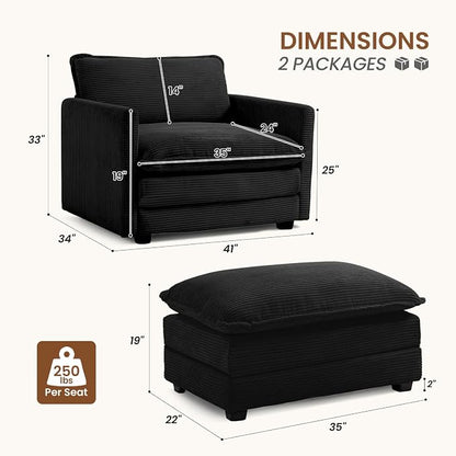 ROWHY Single Armchair with Ottoman, Modern Corduroy Cloud Couch with - Image 2