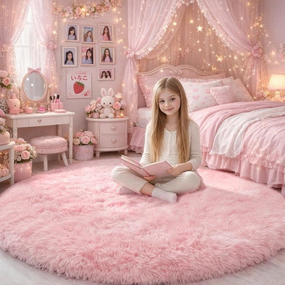 Amdrebio Pink Large Shag Round Kids Rug 7Ft by Amdrebio