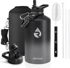 One Gallon Water Bottle Insulated, Triple Walled Vacuum Stainless Steel (Cold for 48 Hrs), Leak Proof & Non-BPA, Large Water Flask Jug with Paracord Handle & Straw Spout Lids